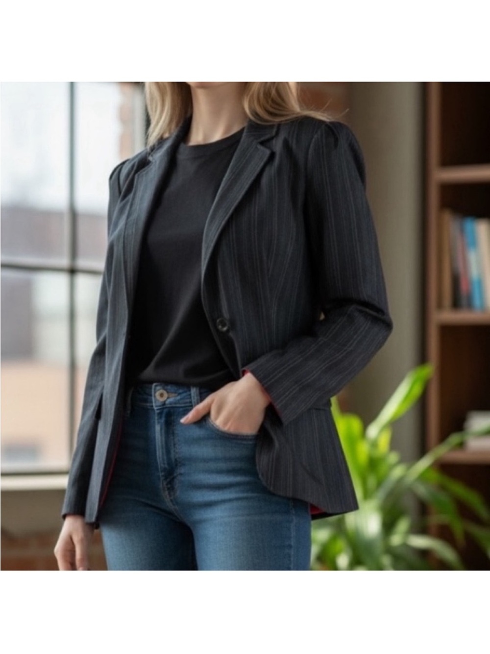 Vintage George Women's Black Pinstripe Professional Blazer Jacket